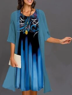 Women's Two Piece Dress Set Casual Dress Dress Set Outdoor Daily Fashion Elegant Print Midi Dress Crew Neck 3/4 Length Sleeve Floral Ombre Regular Fit Royal Blue Blue Sky Blue Summer Spring S M L XL