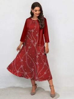 Women's Two Piece Dress Set Casual Dress Swing Dress Outdoor Office Fashion Streetwear Print Midi Dress Crew Neck 3/4 Length Sleeve Floral Regular Fit Wine Blue Fall Winter S M L XL XXL -HANA Luxury Wear Shop vllbpi1697770545644