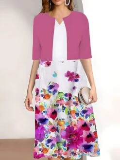 Women's Two Piece Dress Set Casual Dress Print Dress Outdoor Daily Fashion Work Print Midi Dress V Neck Half Sleeve Floral Regular Fit Pink Wine Navy Blue Summer Spring S M L XL XXL -HANA Luxury Wear Shop vlrhuy1689669891977