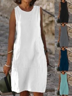 Women's Casual Dress Cotton Dress Shift Dress Midi Dress Cotton Blend Fashion Basic Outdoor Daily Vacation U Neck Pocket Sleeveless Summer Spring Fall 2023 Loose Fit Light Blue Black White Plain S M