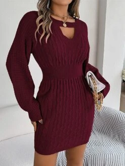 Women's Sweater Dress Jumper Dress Casual Dress Mini Dress Fashion Pure Color Outdoor Daily Going Out Crew Neck Long Sleeve Cut Out 2023 Loose Fit Wine Khaki Gray S M L -HANA Luxury Wear Shop vlvvzv1695643842689