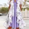 Women's Two Piece Dress Set Casual Dress Tiered Dress Daily Holiday Fashion Modern Pocket Print Midi Dress V Neck Short Sleeve Floral Regular Fit Purple Summer Spring S M L XL XXL