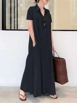 Women's Shirt Dress Casual Dress Cotton Linen Dress Maxi Long Dress Cotton Casual Daily Casual Daily Vacation Weekend Shirt Collar Button Pocket Short Sleeve Summer Spring 2023 Loose Fit Black Wine -HANA Luxury Wear Shop vmdyvj1689933270510