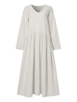 Women's Casual Dress Cotton Dress Swing Dress Maxi Long Dress Cotton Basic Classic Outdoor Daily Vacation V Neck Ruched Long Sleeve Spring Fall Winter 2023 Loose Fit ArmyGreen Black White Plain S M L -HANA Luxury Wear Shop vmqgrr1692341098715