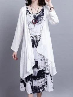 Women's Two Piece Dress Set Casual Dress Cotton Linen Dress Daily Holiday Fashion Streetwear Pocket Drawstring Midi Dress Crew Neck Long Sleeve Painting Print Loose Fit Black Dark Blue Fall Winter M -HANA Luxury Wear Shop vmulhd1694068677354