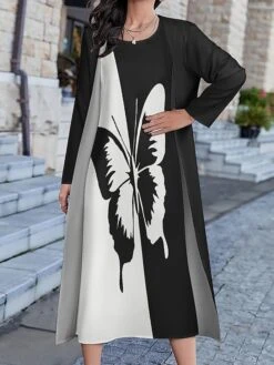 Women's Two Piece Dress Set Casual Dress Print Dress Daily Holiday Fashion Modern Print Long Dress Maxi Dress Crew Neck Long Sleeve Floral Butterfly Regular Fit Black Blue Sky Blue Summer Spring S M -HANA Luxury Wear Shop vnwpzs1694511571378