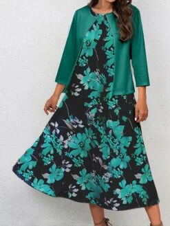 Women's Two Piece Dress Set Casual Dress Swing Dress Outdoor Office Fashion Streetwear Print Midi Dress Crew Neck 3/4 Length Sleeve Floral Regular Fit Navy Blue Royal Blue Blue Fall Winter S M L XL -HANA Luxury Wear Shop vnzwvv1697770550749