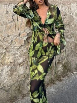 Women's Two Piece Dress Set Casual Dress Skirt Set Daily Going Out Casual Drawstring Cut Out Long Dress Maxi Dress V Neck Long Sleeve Print Slim Green Fall S M L -HANA Luxury Wear Shop vohroq1693374466233