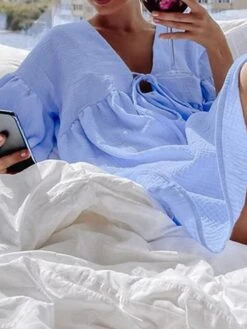 Women's Casual Dress Cotton Linen Dress Mini Dress Cotton Daily Basic Outdoor Home Daily V Neck Ruched Button 3/4 Length Sleeve Fall Autumn 2023 Loose Fit Navy Blue Blue Purple Plain S M L -HANA Luxury Wear Shop volorm1692936384628