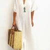 Women's Casual Dress Cotton Linen Dress Shift Dress Maxi Long Dress Cotton Blend Daily Classic Outdoor Daily Vacation Split Neck Split Basic Half Sleeve Summer Spring Fall 2023 Loose Fit White Plain -HANA Luxury Wear Shop vpabqx1686030356954