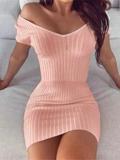 Women‘s Sweater Dress Winter Dress Party Dress Bodycon Sheath Dress Mini Dress White Pink Grey Short Sleeve Pure Color Knit Spring Fall Winter V Neck Fashion Party Slim 2023 S M L XL XXL 3XL 4XL 5XL -HANA Luxury Wear Shop vpdbvj1671445705815