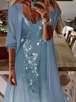 Women‘s Casual Dress Dress Set Two Piece Dress Long Dress Maxi Dress Blue Half Sleeve Print Ruched Summer Spring Fall V Neck Basic Daily Date 2023 S M L XL XXL 3XL -HANA Luxury Wear Shop vpdlon1654588370804