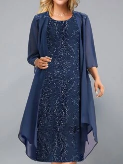 Women's Two Piece Dress Set Party Dress Sequin Dress Party Outdoor Fashion Streetwear Embroidered Sequin Midi Dress Crew Neck 3/4 Length Sleeve Plain Regular Fit Navy Blue Fall Winter S M L XL XXL -HANA Luxury Wear Shop vphwpk1697089230322