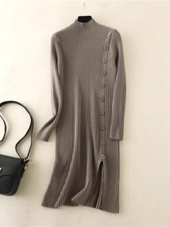 Women's Sweater Dress Jumper Dress Winter Dress Mini Dress Warm Plain Outdoor Daily Vacation Going Out Turtleneck Long Sleeve Button 2023 Slim Black Brown Khaki One Size -HANA Luxury Wear Shop vpioaq1697767799785