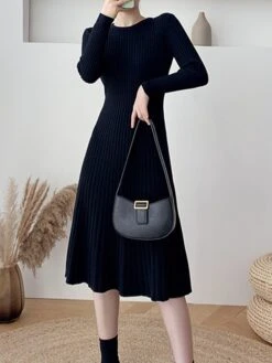 Women's Sweater Dress Jumper Dress Casual Dress Midi Dress Fashion Pure Color Outdoor Daily Going Out Crew Neck Long Sleeve 2023 Slim Black Blue Apricot One Size -HANA Luxury Wear Shop vpozmp1696670411252