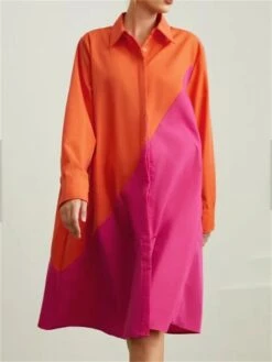 Women's Shirt Dress Casual Dress Midi Dress Outdoor Vacation Polyester Classic Casual Shirt Collar Pocket Long Sleeve Summer Spring Fall 2023 Loose Fit Yellow Dark Pink Red Polka Dot Color Block S M -HANA Luxury Wear Shop vqdgxg1677046740126