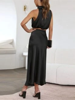 Women's Two Piece Dress Set Casual Dress Skirt Set Daily Holiday Fashion Sexy Ruched Long Dress Maxi Dress Stand Collar Sleeveless Plain Regular Fit Black White Light Green Summer Spring S M L XL -HANA Luxury Wear Shop vqnupi1690857192404