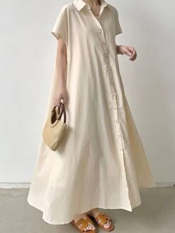 Women's Shirt Dress Casual Dress Maxi Long Dress Outdoor Daily Cotton Linen Basic Classic Shirt Collar Button Short Sleeve Summer Spring 2023 Loose Fit Navy Blue Brown Green Pure Color S M L XL XXL -HANA Luxury Wear Shop vqvwij1688542116917