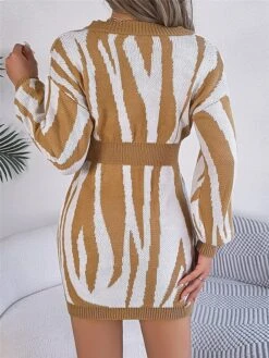 Women's Sweater Dress Winter Dress Jumper Dress Mini Dress Warm Stripe Outdoor Casual Holiday Vacation V Neck Long Sleeve Patchwork 2023 Loose Fit Green Khaki Rose Red S M L -HANA Luxury Wear Shop vqxfsd1696926510435