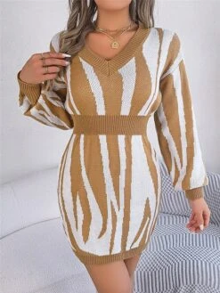 Women's Sweater Dress Winter Dress Jumper Dress Mini Dress Warm Stripe Outdoor Casual Holiday Vacation V Neck Long Sleeve Patchwork 2023 Loose Fit Green Khaki Rose Red S M L -HANA Luxury Wear Shop vrxoyt1696926509755