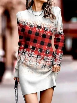 Women‘s Christmas Sweater Dress Jumper Dress Winter Dress Fashion Floral Snowflake Outdoor Christmas Daily Date Crew Neck Long Sleeve Print 2023 Regular Fit Yellow Red Blue S M L XL