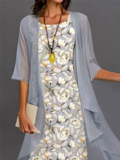 Women's Two Piece Dress Set Casual Dress Chiffon Dress Outdoor Daily Fashion Streetwear Print Midi Dress Crew Neck Half Sleeve Floral Regular Fit Gray Fall Winter S M L XL XXL -HANA Luxury Wear Shop vsakcv1695194202103