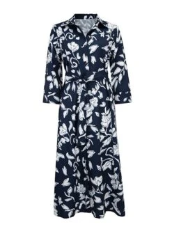 Women's Shirt Dress Casual Dress Midi Dress Outdoor Daily Vacation Polyester Fashion Modern Shirt Collar Button Pocket 3/4 Length Sleeve Summer Spring Fall 2023 Regular Fit Navy Blue Green Leaf Floral -HANA Luxury Wear Shop vsbetk1689744468869