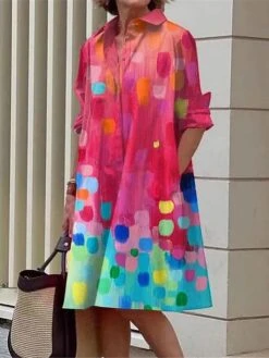 Women's Shirt Dress Casual Dress Midi Dress Outdoor Office Daily Polyester Fashion Modern Shirt Collar Button Pocket Long Sleeve Fall Winter 2023 Loose Fit Yellow Dark Pink Blue Floral Abstract S M L -HANA Luxury Wear Shop vslysq1693808906899