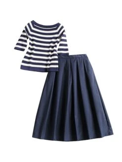 Women's Two Piece Dress Set Casual Dress Skirt Set Daily Going Out Fashion Streetwear Ribbed Print Midi Dress Crew Neck Short Sleeve Stripe Slim Blue Fall S M L XL XXL -HANA Luxury Wear Shop vsoqal1693278120044