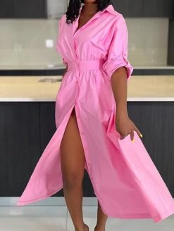 Women's Shirt Dress Casual Dress Swing Dress Midi Dress Outdoor Daily Vacation Polyester Fashion Casual Shirt Collar Patchwork Button Long Sleeve Fall Winter 2023 Loose Fit Yellow Pink Plain S M L XL -HANA Luxury Wear Shop vtdtau1697526637586