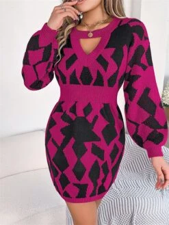Women's Sweater Dress Jumper Dress Casual Dress Mini Dress Fashion Geometric Color Block Outdoor Daily Going Out Crew Neck Long Sleeve Cut Out 2023 Loose Fit Green Khaki Rose Red S M L -HANA Luxury Wear Shop vtekno1695813747731