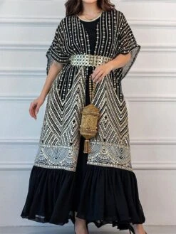 Women's Two Piece Dress Set Party Dress Sheath Dress Party Cocktail Party Fashion Party Lace Up Ruched Long Dress Maxi Dress Crew Neck Short Sleeve Print Loose Fit Black White Green Fall Winter S M L -HANA Luxury Wear Shop vtfjgk1696691498746