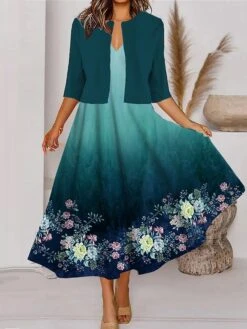 Women's Two Piece Dress Set Casual Dress Tank Dress Outdoor Daily Fashion Streetwear Pocket Print Midi Dress V Neck 3/4 Length Sleeve Floral Ombre Regular Fit Blue Brown Green Spring Fall S M L XL XXL -HANA Luxury Wear Shop vtlfjc1690860562528
