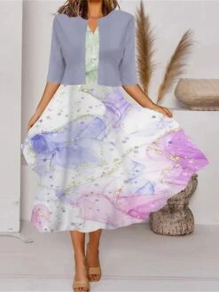 Women's Two Piece Dress Set Casual Dress Tank Dress Outdoor Daily Fashion Streetwear Pocket Print Midi Dress V Neck 3/4 Length Sleeve Geometric Color Block Regular Fit Black White Blue Spring Fall S -HANA Luxury Wear Shop vttsfj1690857635967