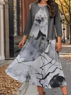 Women's Two Piece Dress Set Casual Dress Swing Dress Outdoor Office Fashion Streetwear Print Midi Dress Crew Neck 3/4 Length Sleeve Leaf Regular Fit Yellow Green Gray Fall Winter S M L XL XXL