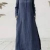 Women's Shirt Dress Casual Dress Shift Dress Maxi Long Dress Outdoor Daily Vacation Cotton And Linen Basic Classic Stand Collar Button Pocket Long Sleeve Fall Winter 2023 Loose Fit Black Wine Navy -HANA Luxury Wear Shop vuhrcn1697187483109