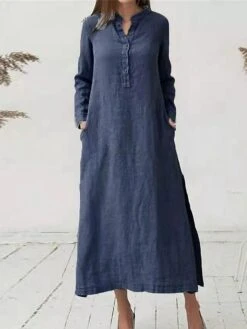 Women's Shirt Dress Casual Dress Shift Dress Maxi Long Dress Outdoor Daily Vacation Cotton And Linen Basic Classic Stand Collar Button Pocket Long Sleeve Fall Winter 2023 Loose Fit Black Wine Navy