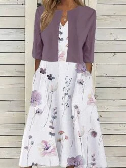Women's Two Piece Dress Set Casual Dress Print Dress Outdoor Daily Fashion Elegant Pocket Print Midi Dress V Neck Half Sleeve Floral Regular Fit Pink Blue Purple Summer Spring S M L XL XXL -HANA Luxury Wear Shop vvgzzw1680780694147