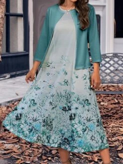 Women's Two Piece Dress Set Casual Dress Swing Dress Outdoor Office Fashion Streetwear Print Midi Dress Crew Neck 3/4 Length Sleeve Floral Regular Fit Navy Blue Royal Blue Blue Fall Winter S M L XL -HANA Luxury Wear Shop vvpguy1697786024211