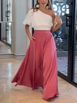 Women's Two Piece Dress Set Casual Dress Skirt Set Outdoor Date Fashion Streetwear Pocket Long Dress Maxi Dress One Shoulder Half Sleeve Plain Regular Fit Pink Summer Spring S M L XL XXL -HANA Luxury Wear Shop vvvgzj1691129121925