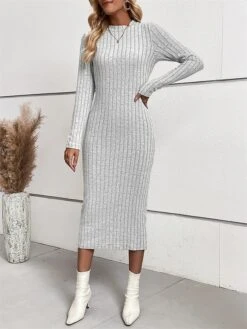 Women's Sweater Dress Winter Dress Jumper Dress Midi Dress Ribbed Outdoor Work Street Fashion Modern Crew Neck Long Sleeve 2023 Slim Light Grey Color S M L XL Size -HANA Luxury Wear Shop vwhiza1694594775663