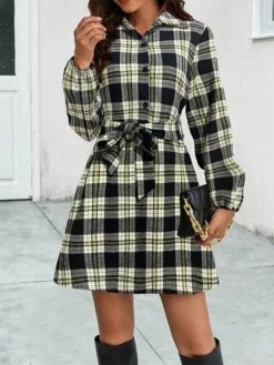 Women's Shirt Dress Casual Dress Mini Dress Outdoor Daily Date Polyester Fashion Casual Shirt Collar Lace Up Button Long Sleeve Spring Fall Winter 2023 Loose Fit Black Red Plaid S M L XL -HANA Luxury Wear Shop vwpnml1697526675510