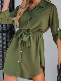 Women's Shirt Dress Casual Dress Mini Dress Outdoor Daily Polyester Basic Classic Shirt Collar Lace Up Button Long Sleeve Spring Fall Winter 2023 Loose Fit Green Pure Color S M L XL -HANA Luxury Wear Shop vxbpje1693200108592