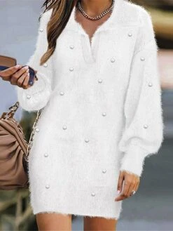Women's Sweater Dress Winter Dress Jumper Dress Mini Dress Patchwork Daily Date Going Out Active Fashion Shirt Collar Long Sleeve 2023 Loose Fit White Pink Color S M L XL Size -HANA Luxury Wear Shop vxinto1692858687843