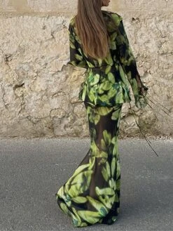 Women's Two Piece Dress Set Casual Dress Skirt Set Daily Going Out Casual Drawstring Cut Out Long Dress Maxi Dress V Neck Long Sleeve Print Slim Green Fall S M L -HANA Luxury Wear Shop vxriai1693374465484