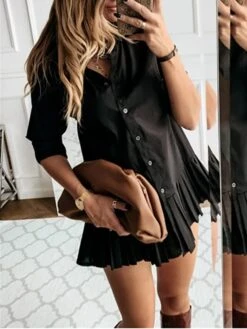 Women's Shirt Dress Casual Dress Mini Dress Outdoor Daily Cotton Fashion Basic Shirt Collar Ruffle Button Long Sleeve Summer Spring Fall 2023 Loose Fit Black White Khaki Pure Color S M L XL XXL -HANA Luxury Wear Shop vxtlhn1688463691357