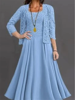 Women's Two Piece Dress Set Casual Dress Lace Dress Outdoor Daily Fashion Elegant Lace Patchwork Midi Dress Crew Neck 3/4 Length Sleeve Plain Regular Fit Blue Fall Winter S M L XL XXL