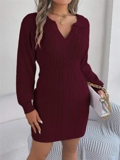 Women's Sweater Dress Winter Dress Jumper Dress Mini Dress Warm Pure Color Outdoor Casual Holiday Vacation V Neck Long Sleeve 2023 Regular Fit Pink Burgundy Green S M L -HANA Luxury Wear Shop vytaiz1696926504516