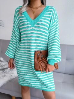 Women's Sweater Dress Jumper Dress Casual Dress Mini Dress Active Multicolor Outdoor Casual Daily Holiday V Neck Long Sleeve Patchwork 2023 Loose Fit Pink Blue Khaki S M L -HANA Luxury Wear Shop vznlaj1692947775593