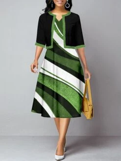 Women's Two Piece Dress Set Casual Dress Tank Dress Outdoor Daily Fashion Streetwear Pocket Print Midi Dress V Neck 3/4 Length Sleeve Floral Geometric Regular Fit Yellow Green Summer Spring S M L XL